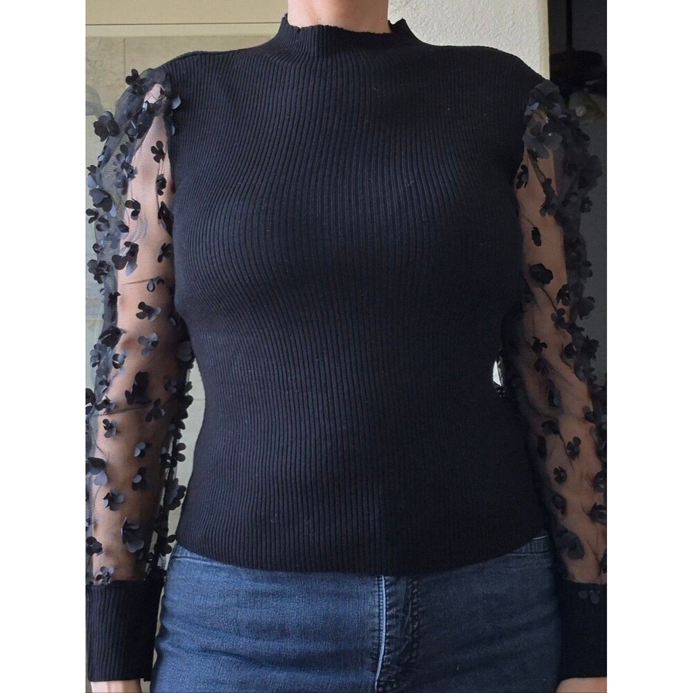 Almost Famous, Ribbed, Mock Sweater, with 3D Floral Mesh Sleeves - Picture 15 of 16